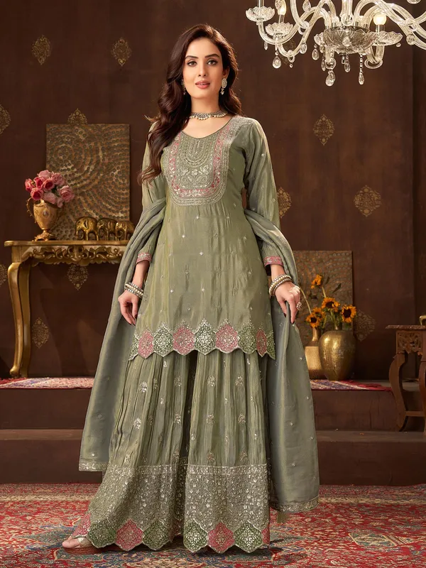 Pastel olive silk pakistani sharara suit