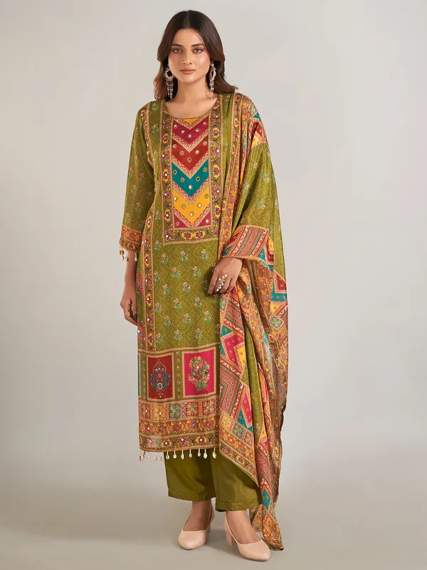 Pastel olive silk salwar suit with dupatta