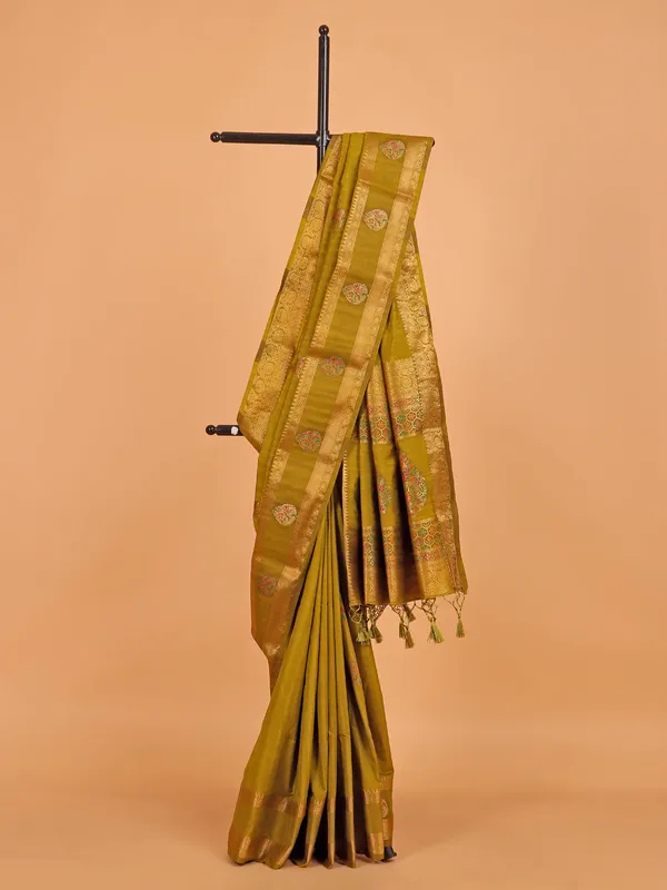 Pastel olive silk saree for festive wear