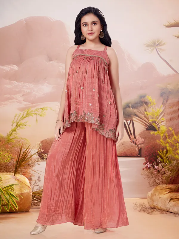 Pastel peach palazzo suit for wedding functions