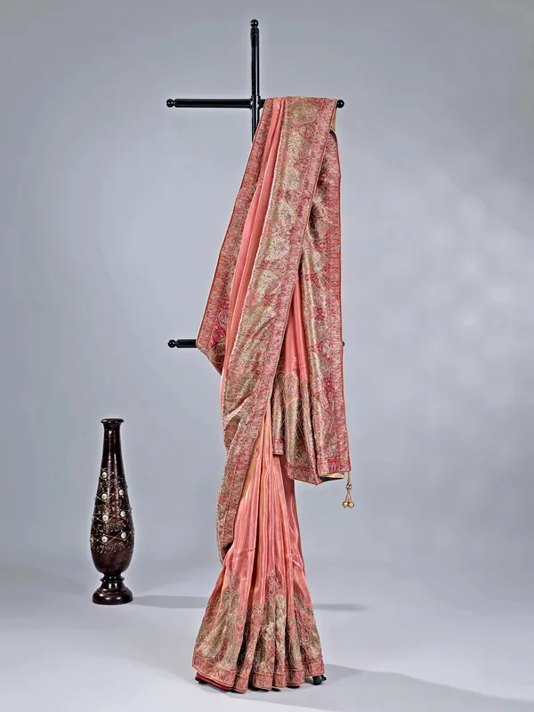 Pastel peach pashmina silk saree for weddings