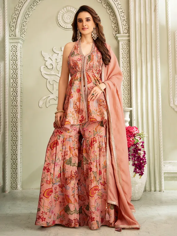 Pastel peach silk sharara suit with designer print