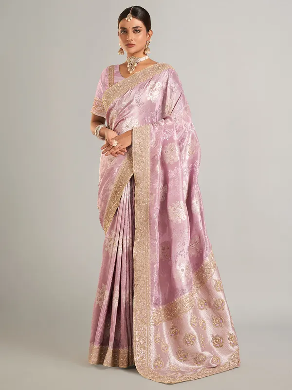 Pastel pink banarasi silk saree