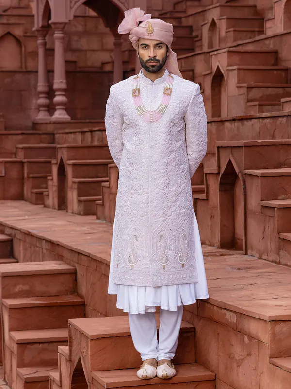 Pastel pink raw silk peshwai premium sherwani for wedding