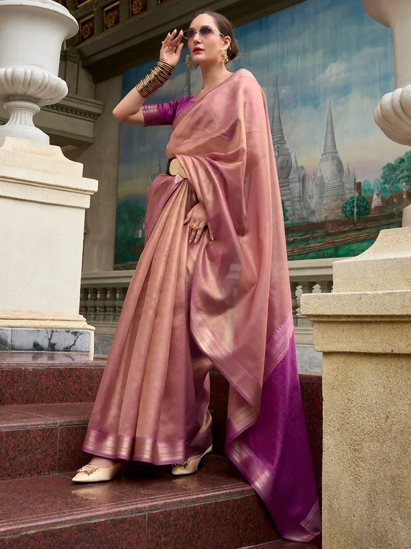 Pastel pink saree with contrast border