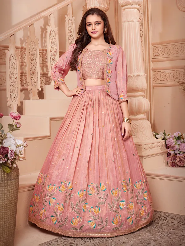 Pastel pink silk jacket style lehenga choli