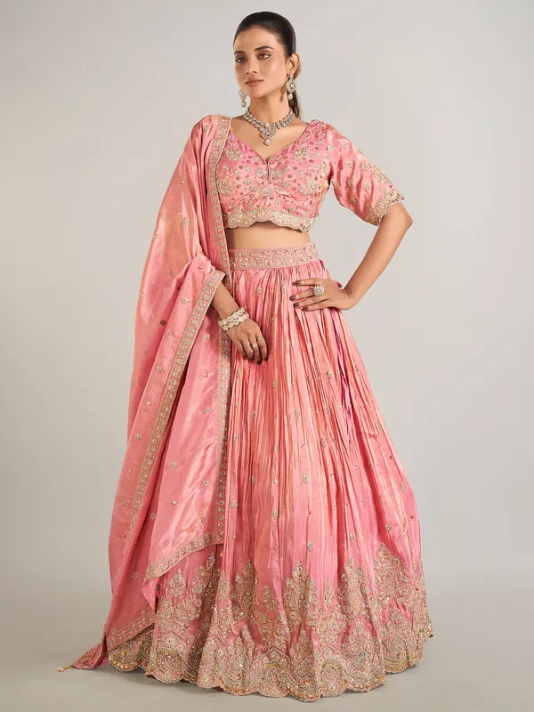 Pastel pink silk wedding wear lehenga choli