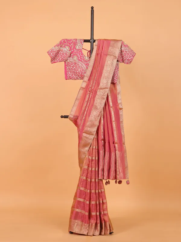 Pastel pink soft organza wedding wear saree