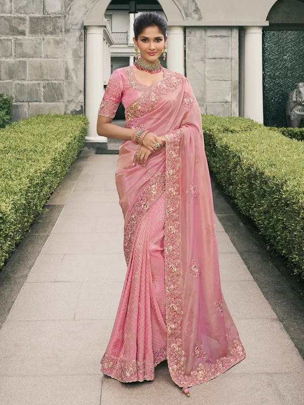 Pastel pink tissue silk saree with soft finish