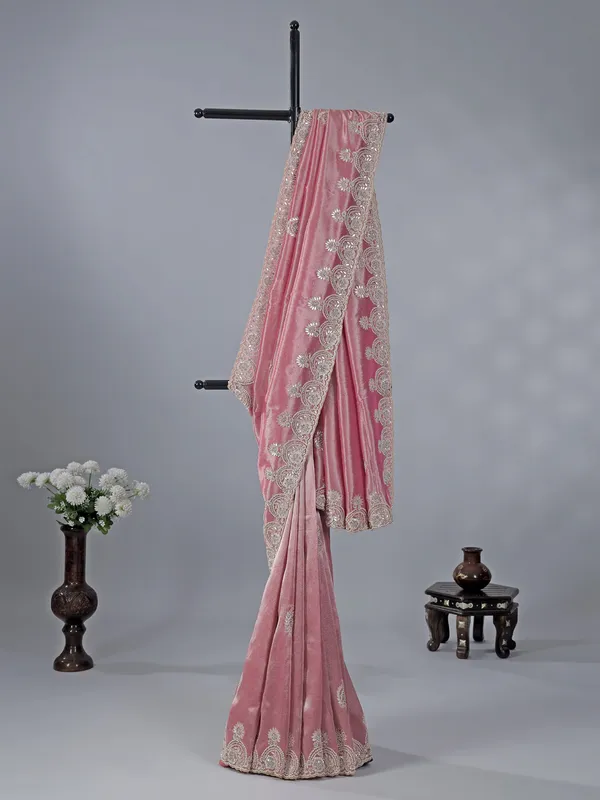 Pastel pink tissue silk wedding wear saree