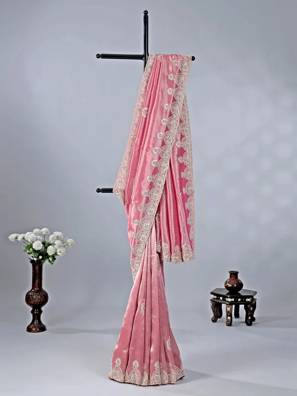 Pastel pink tissue silk wedding wear saree