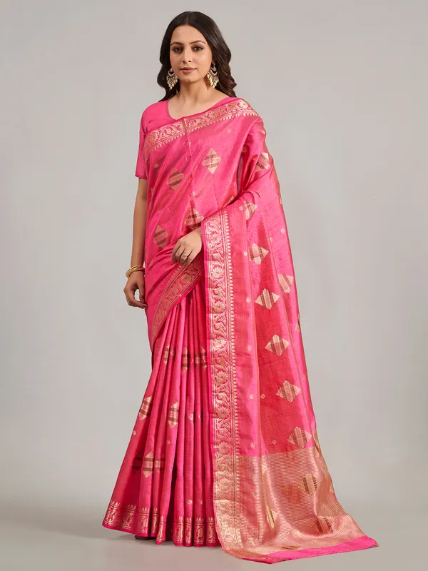 Pastel pink zari worked saree in semi silk