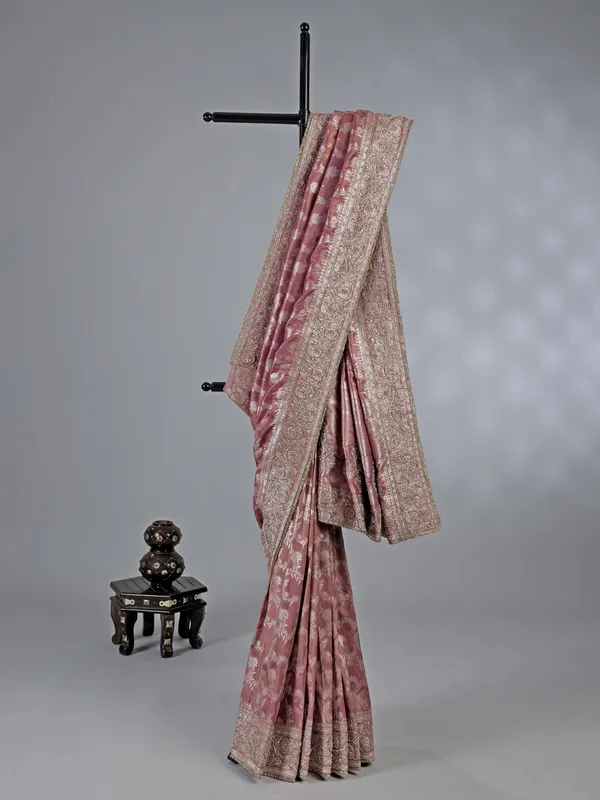Pastel purple banarasi silk unstitched saree with pearl work