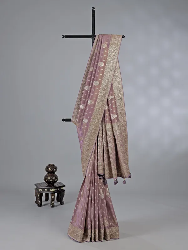 Pastel purple dola silk unstitched blouse piece saree