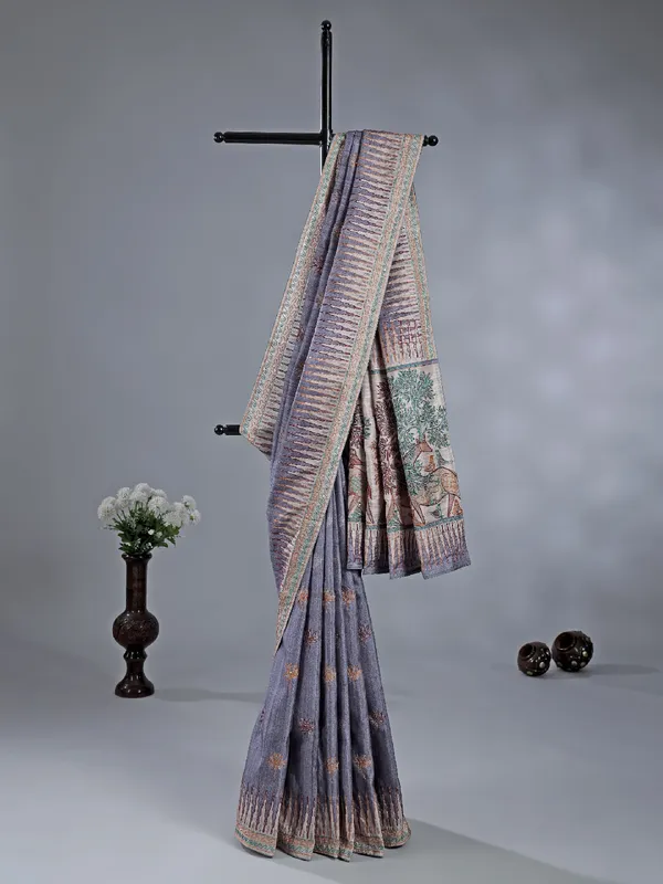 Pastel purple silk saree with classic thread work