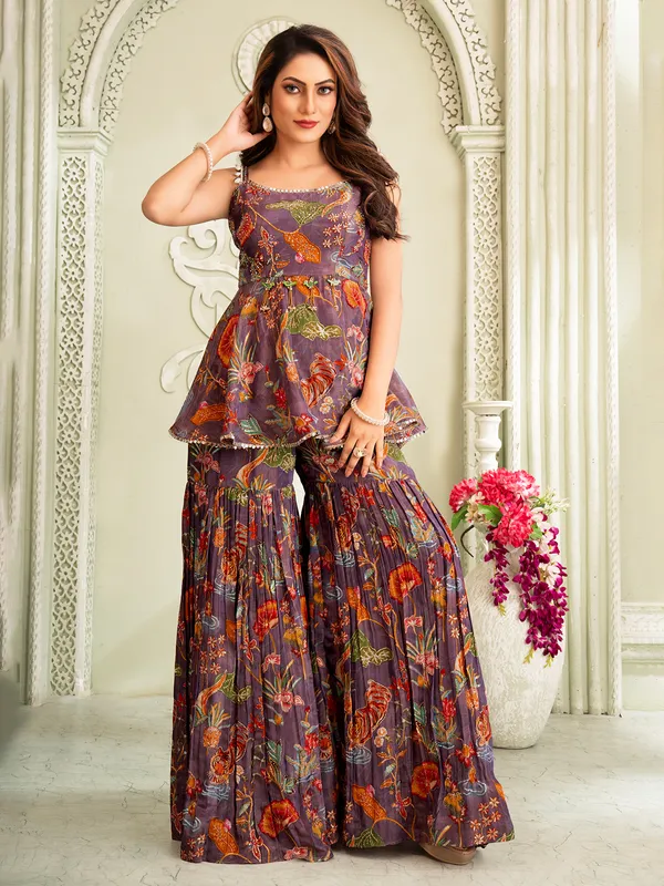 Pastel purple silk sharara set with stone and mirror work