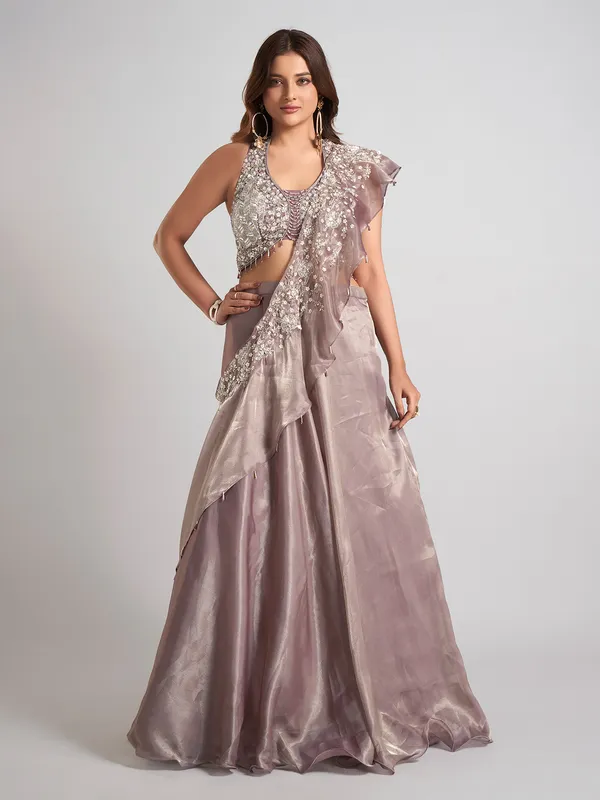Pastel purple tissue silk lehenga choli with attetched dupatta