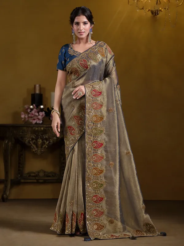 Pastel teal blue organza saree for weddings