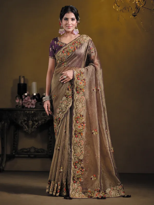 Pastel wine banarasi saree with zardosi work