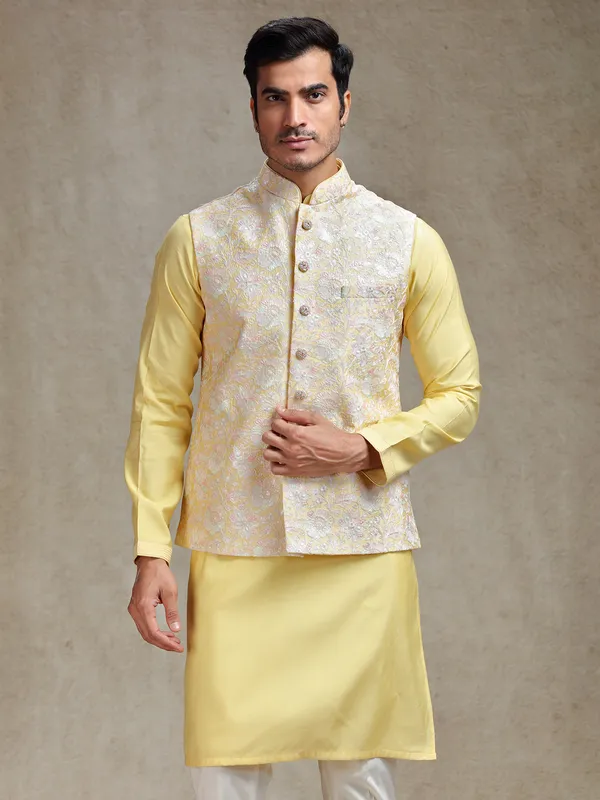 Pastle yellow waistcoat set for festive charm