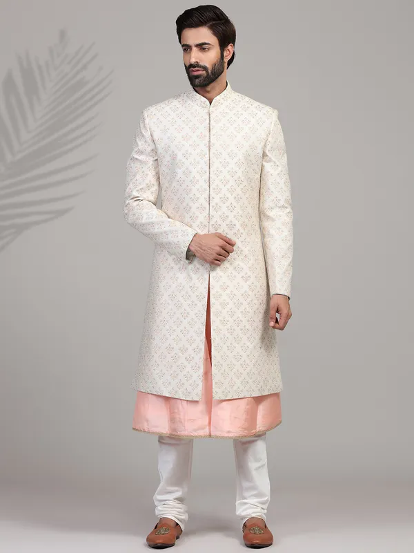 Peach and cream silk sherwani set