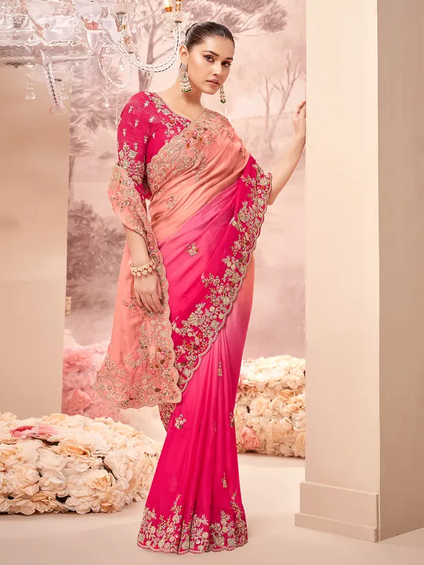 Peach and magenta georgette saree