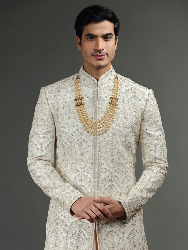 Peach and off white raw silk sherwani