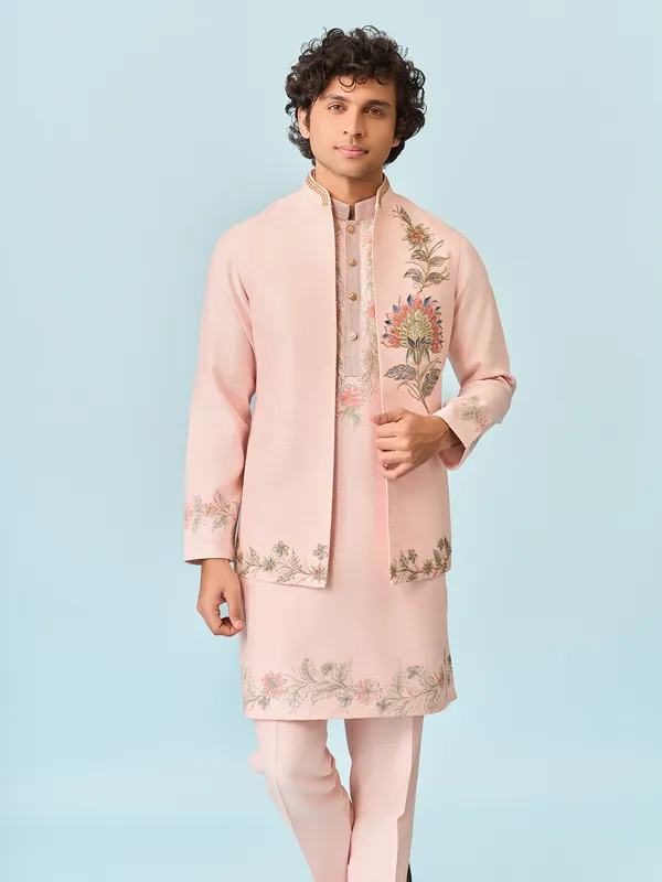 Peach artistry printed silk waistcoat set for men