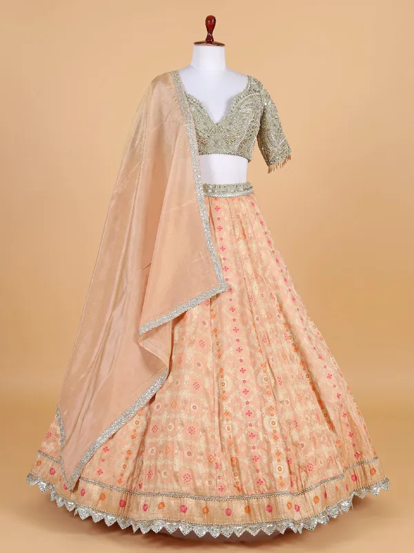 Peach banarasi silk lehenga choli with dupatta