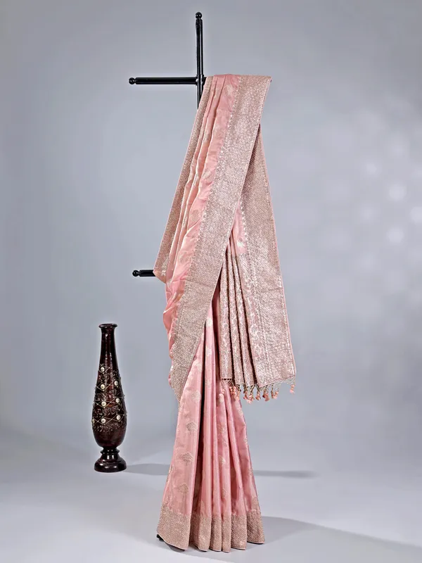 Peach banarasi silk saree for wedding wear