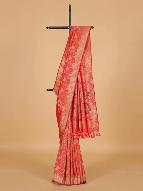 Peach banarasi silk zari weaving saree for women