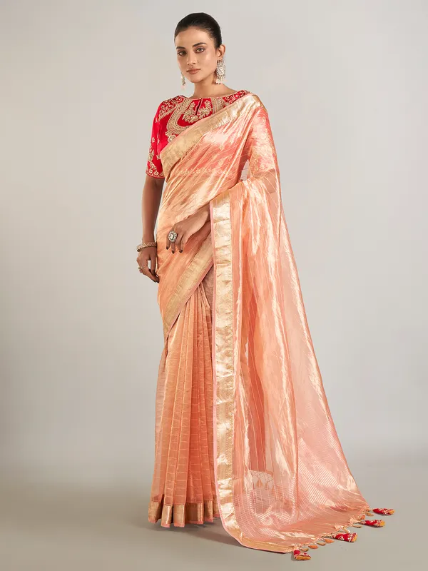 Peach banarasi tissue silk wedding wear saree