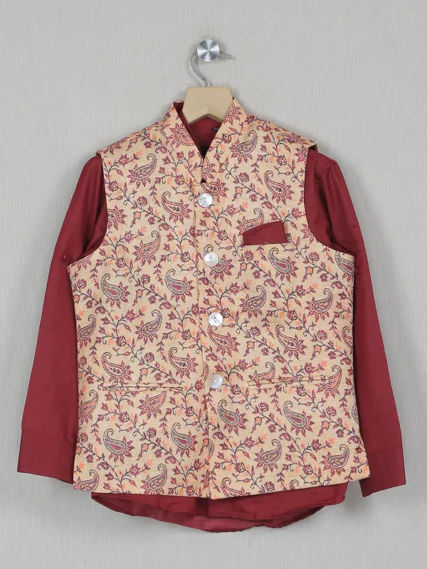 Peach color cotton silk printed waistcoat with shirt