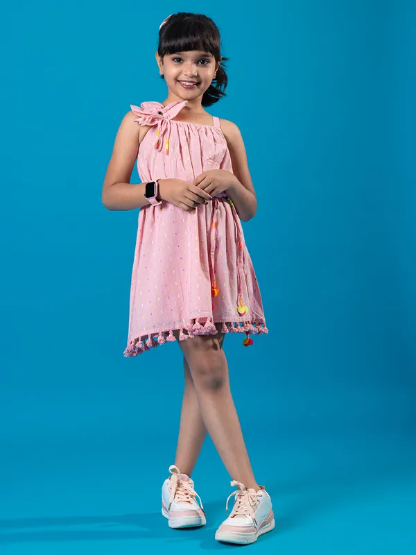 Peach cotton casual wear frock for girls