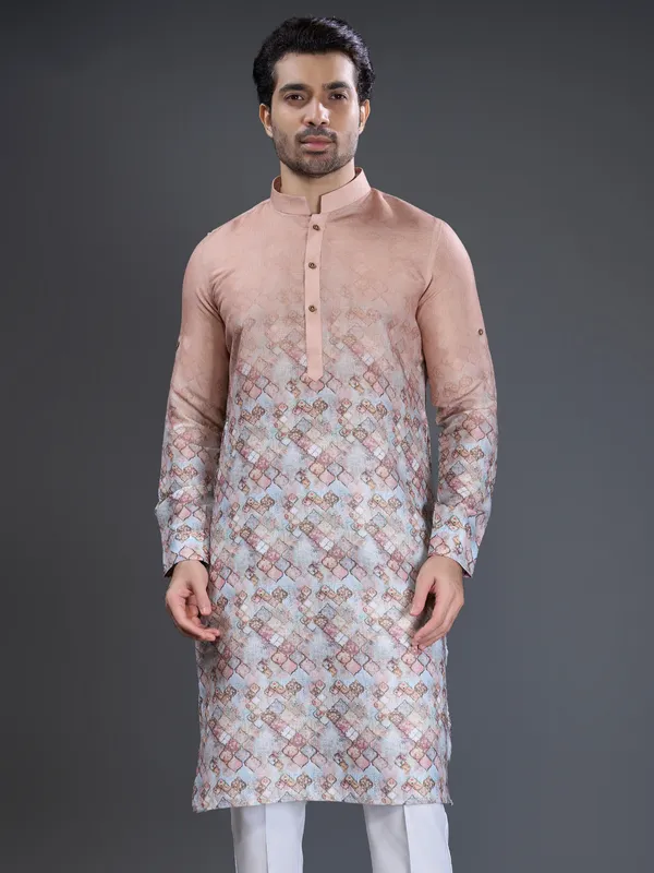 Peach cotton kurta suit for festive with print