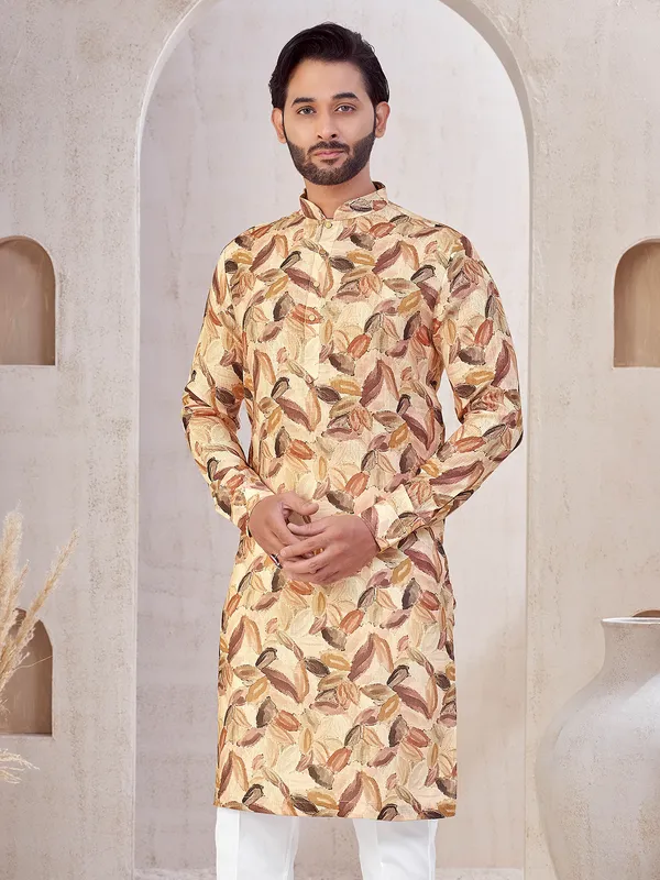 Peach cotton printed kurta suit for festivals