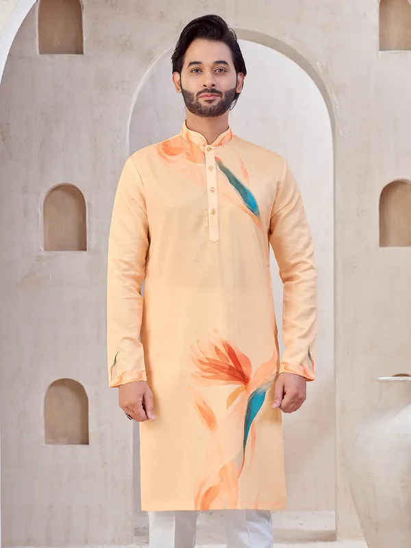 Peach cotton printed kurta suit for men