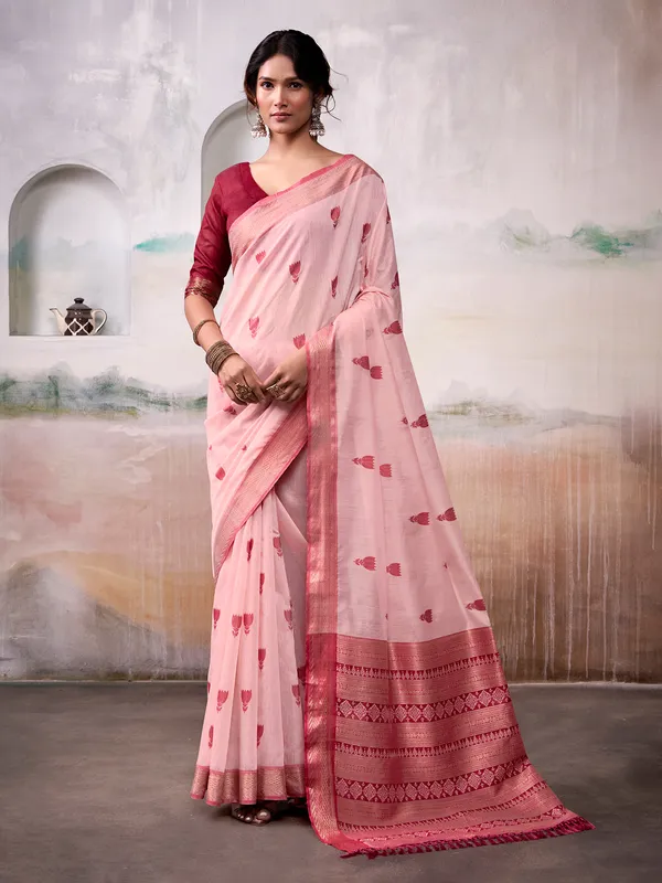 Peach cotton saree with bold maroon border