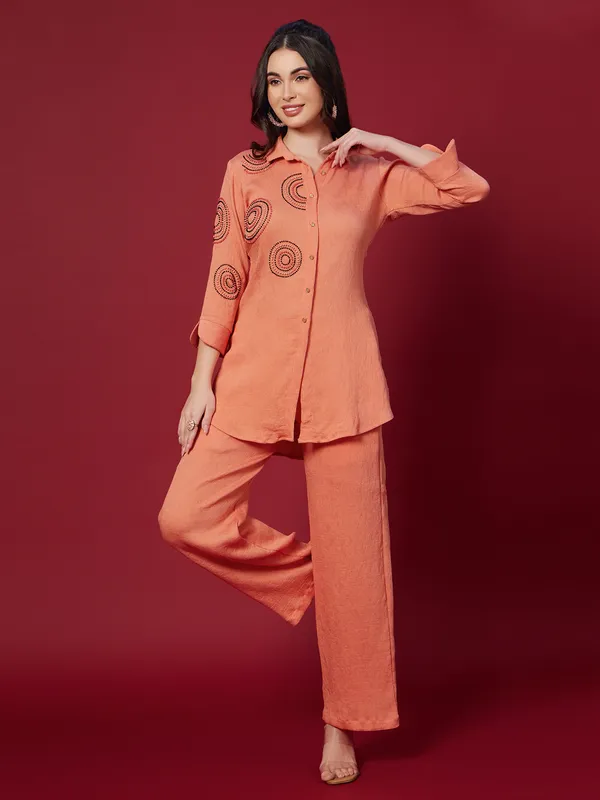 Peach cotton silk co ord set for women
