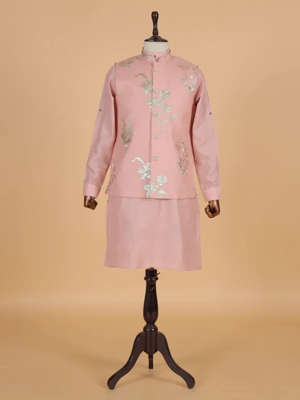 Peach cotton silk kurta jacket set for festival