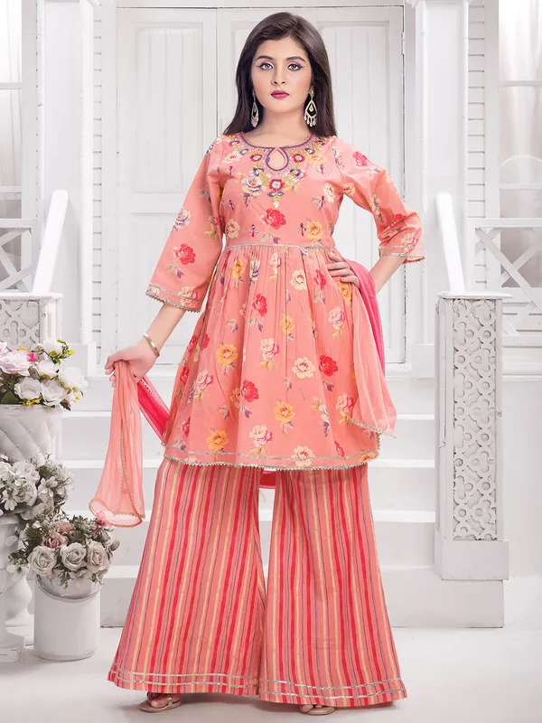 Peach cotton silk palazzo suit with print
