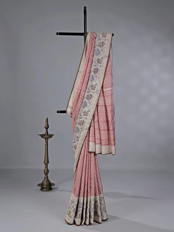 Peach cotton silk saree with printed weaving