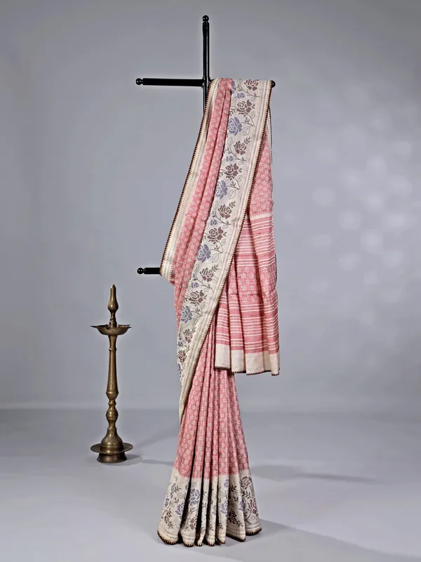 Peach cotton silk saree with printed weaving