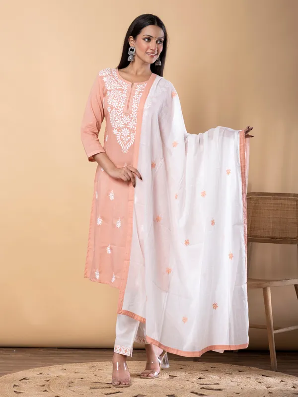 Peach cotton straight cut kurti set