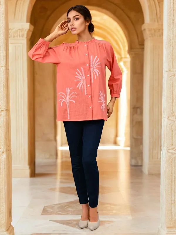Peach cotton top with thread work
