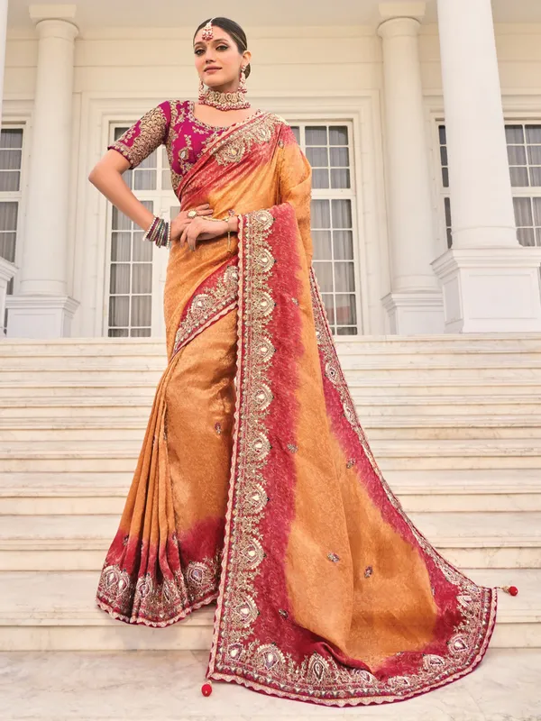 Peach crape saree for wedding and festive