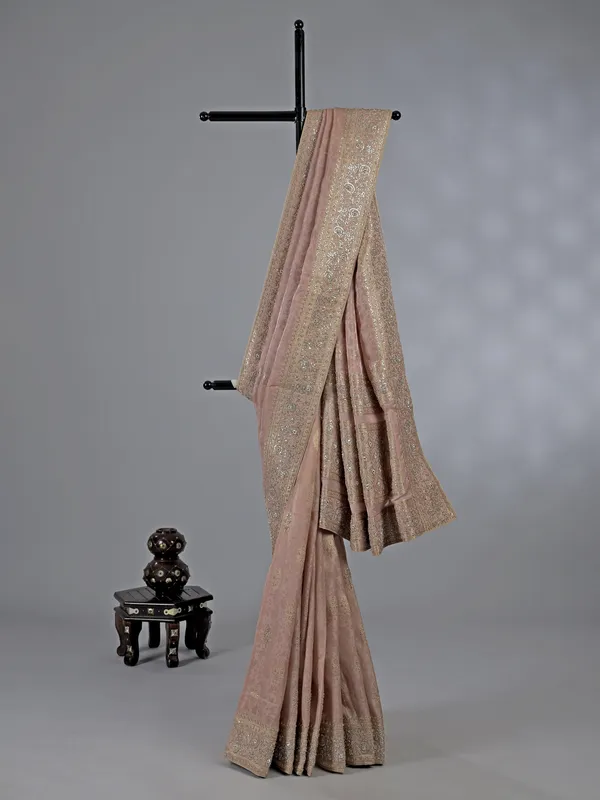 Peach dola silk unstitched saree with zardosi work