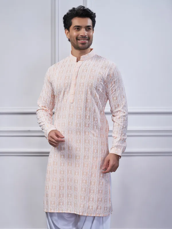 Peach embroidery cotton kurta suit for festive