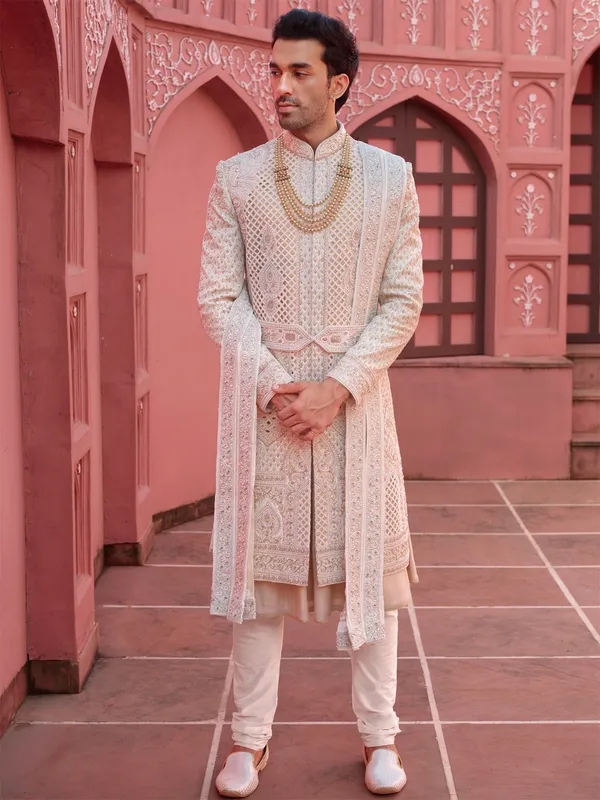 Peach embroidery sherwani in silk