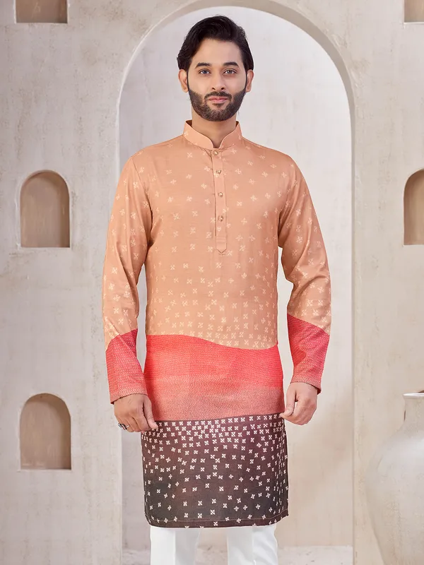 Peach festive wear cotton kurta suit with print